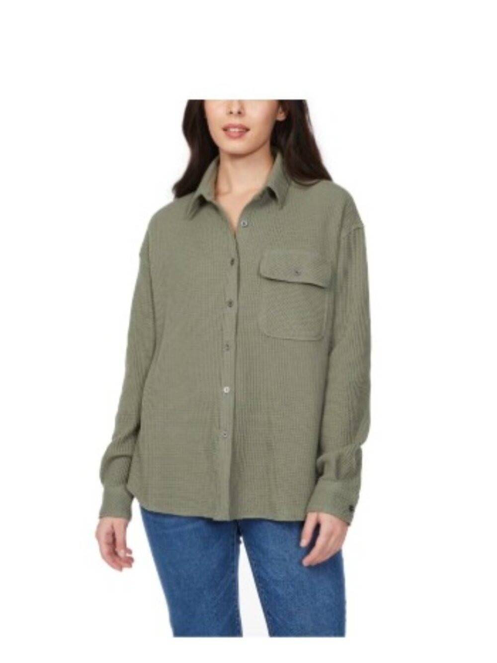 Buffalo Women's Waffle Button-Down Top Green Faded Sage Multiple Sizes
